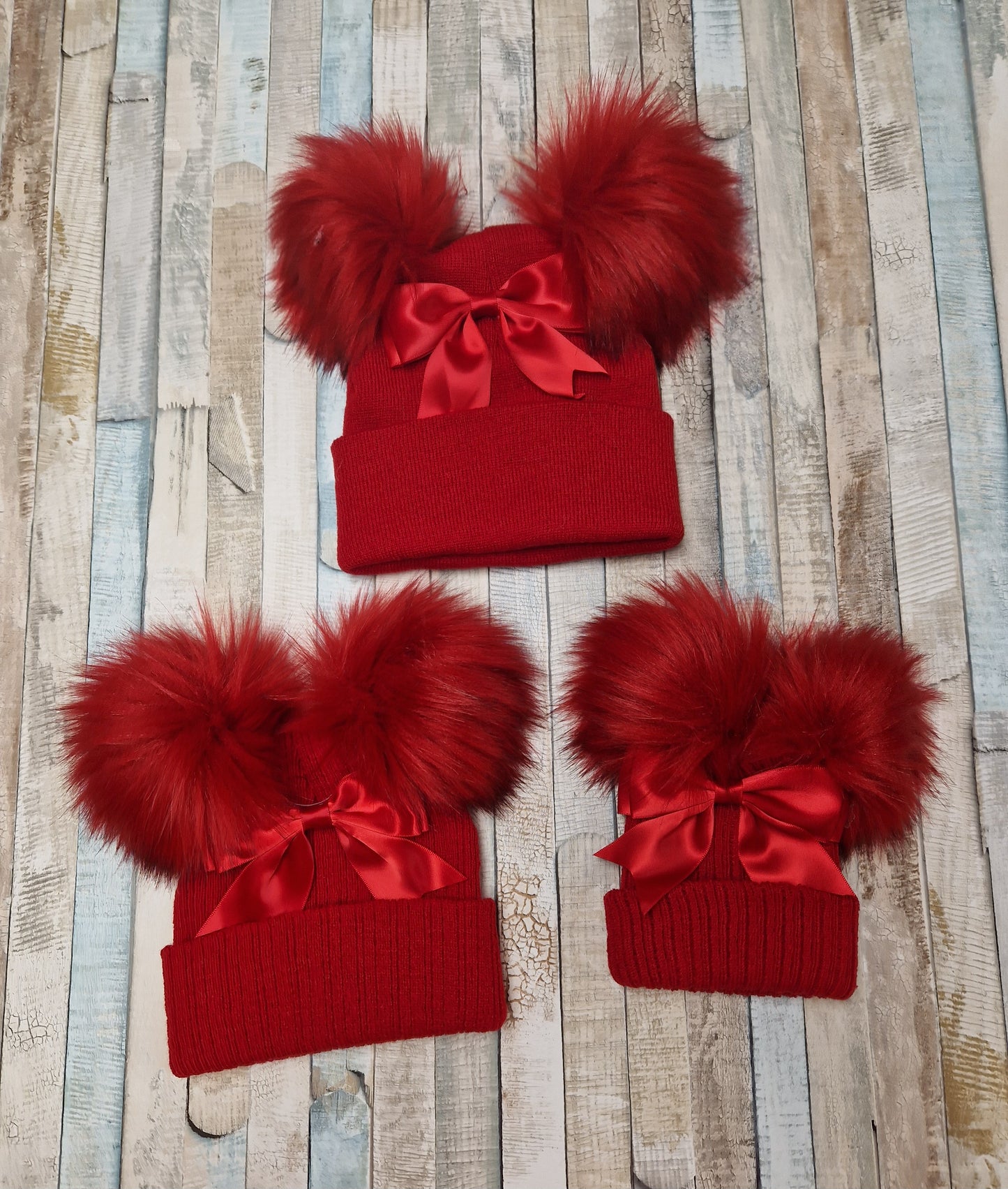 Baby Girls Red Satin Bow And Fluffy Double Pom Hat