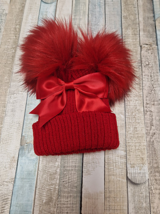 Baby Girls Red Satin Bow And Fluffy Double Pom Hat
