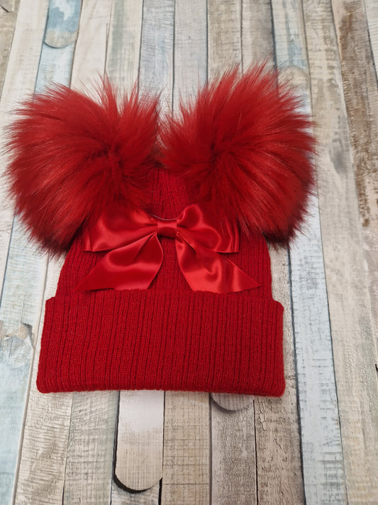 Baby Girls Red Satin Bow And Fluffy Double Pom Hat
