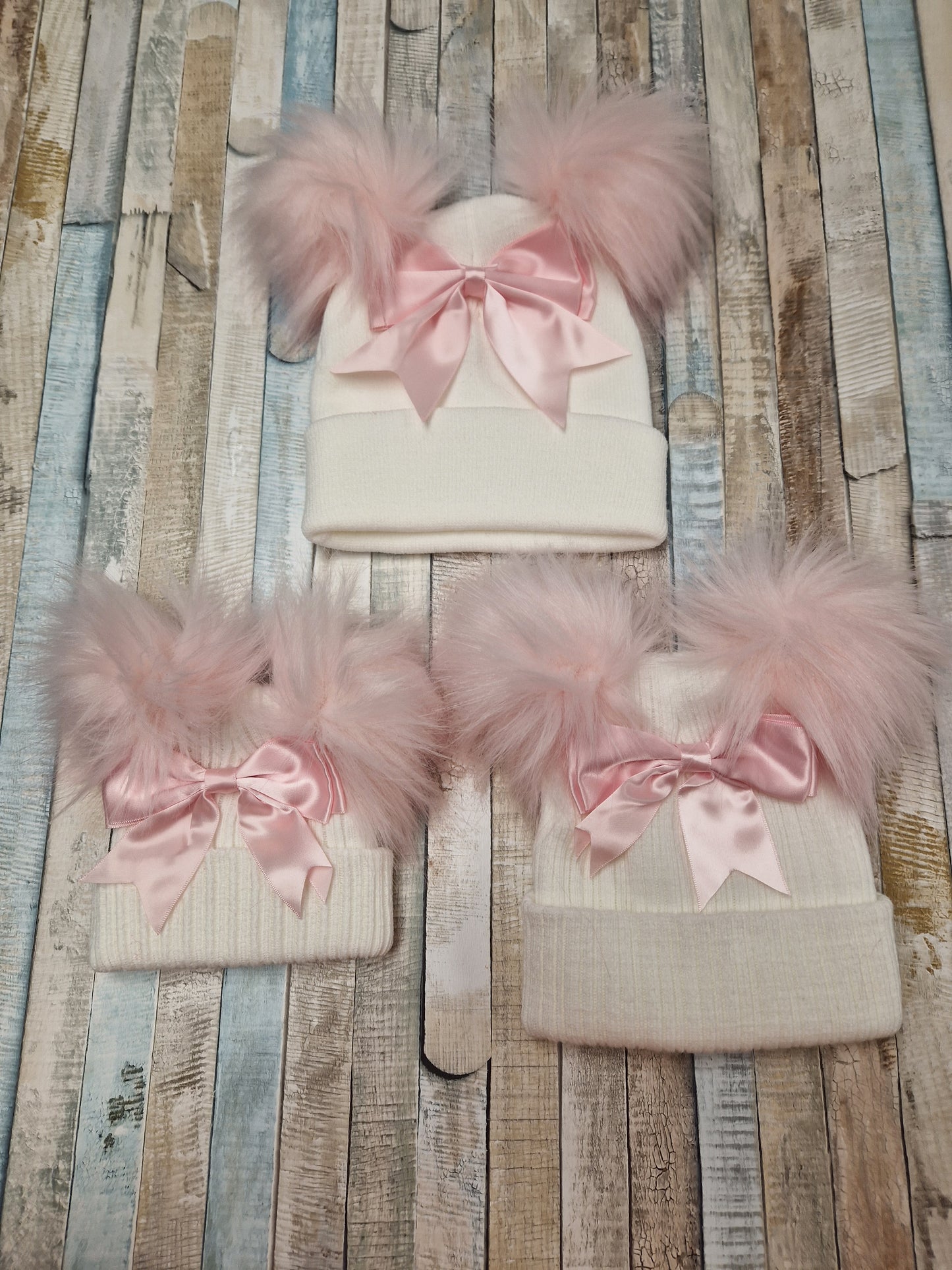 Baby Girls  White And Pink Bow And Fluffy Double Pom Hat