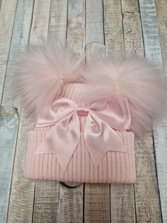 Baby Girls Pink Satin Bow And Fluffy Double Pom Hat