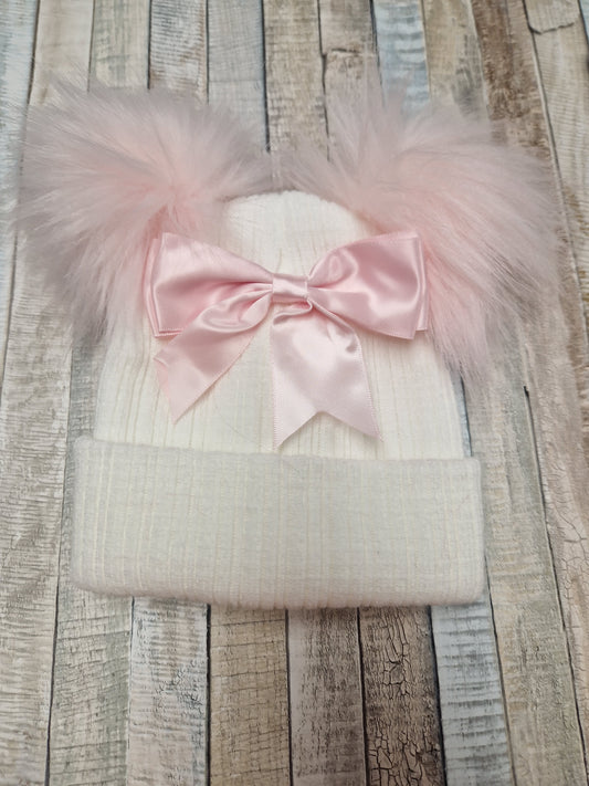 Baby Girls  White And Pink Bow And Fluffy Double Pom Hat