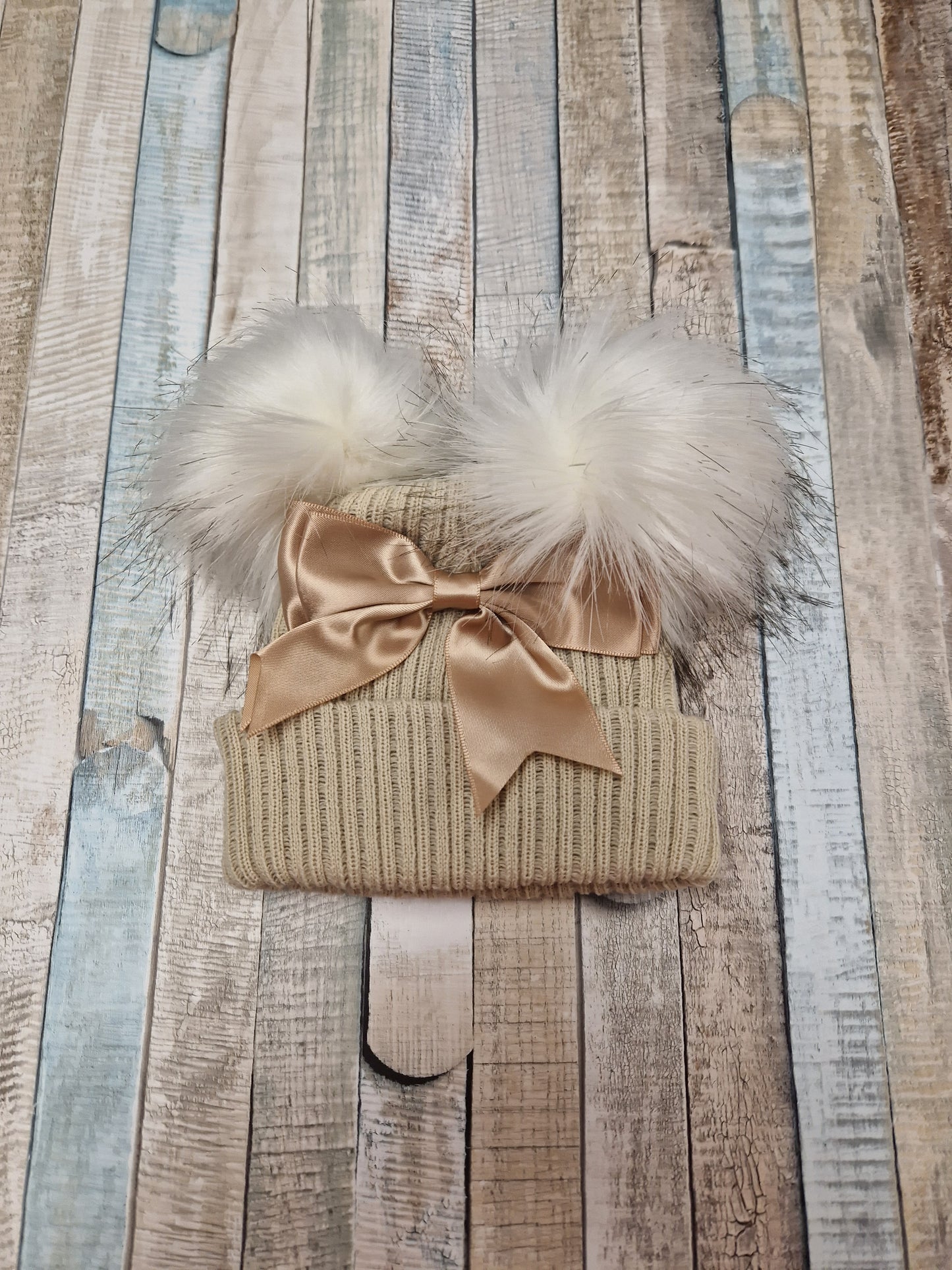 Baby Girls Beige And Gold  Bow And Fluffy Double Pom Hat