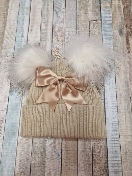 Baby Girls Beige And Gold  Bow And Fluffy Double Pom Hat