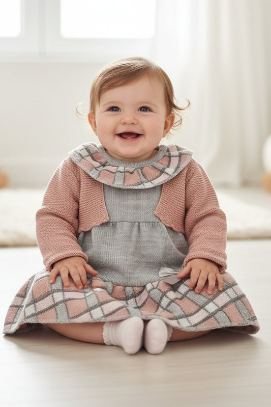 Baby Girls Grey And Rose Pink Knitted Dress And Cardigan