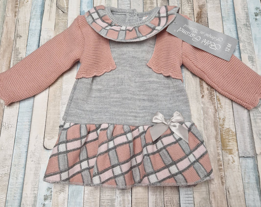 Baby Girls Grey And Rose Pink Knitted Dress And Cardigan