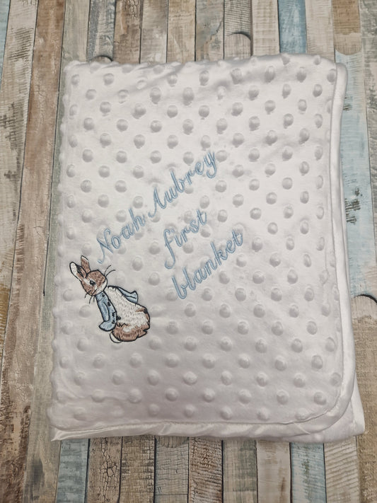 Personalised Baby Boys White Dimple First Blanket With Blue Rabbit