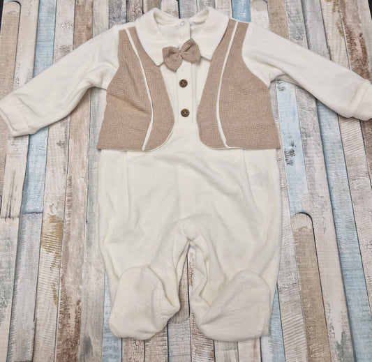 Baby Boys Beige And Cream Velour All In One With Dickie Bow