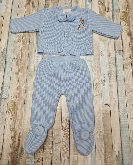 Baby Boys Blue Knitted Pom Pom Set With Embroidered Running Rabbit Design
