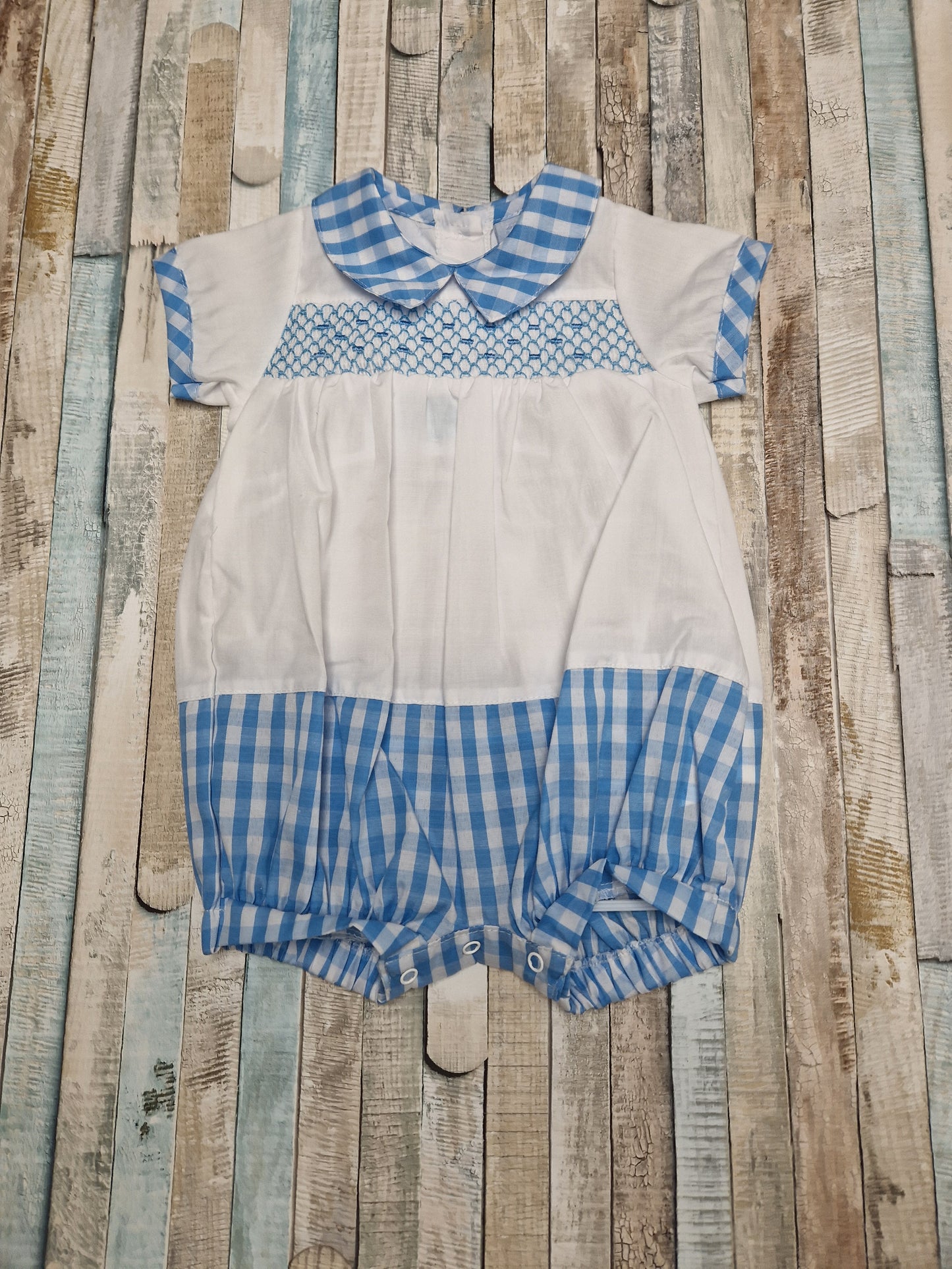 Baby Boys Blue And White Gingham Checked Smocked Romper