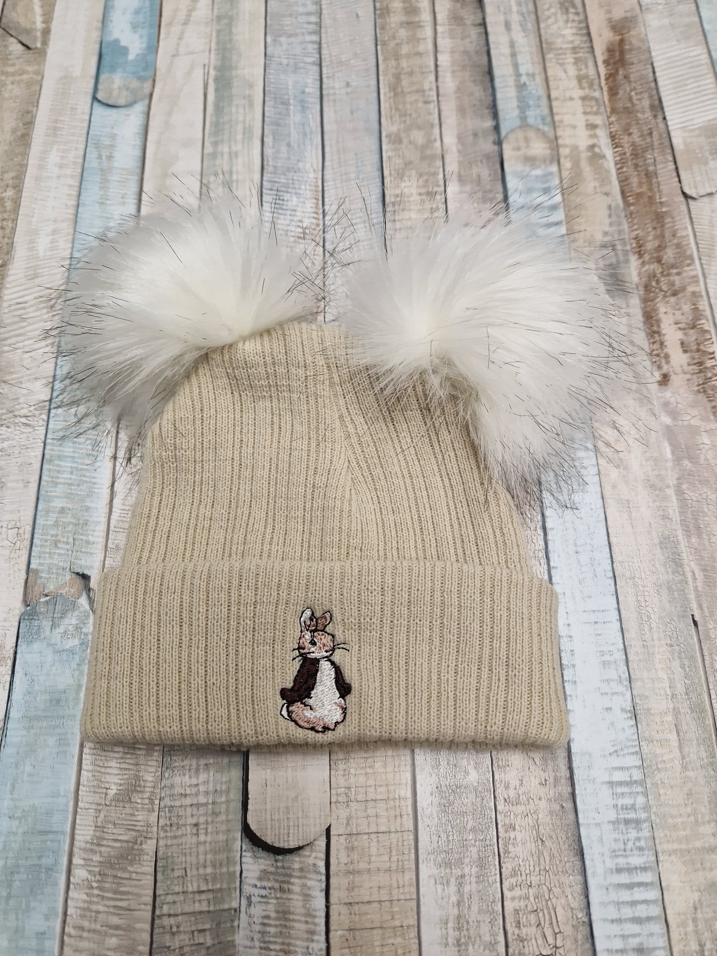Unisex Baby Beige And Brown Knitted Rabbit Hat With Double Faux Fur Fluffy Pom