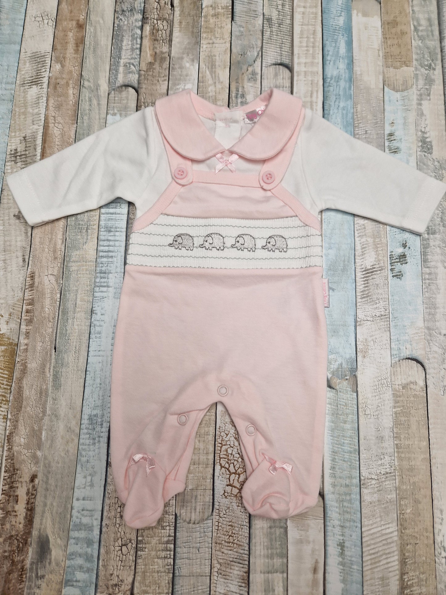 Premature Baby Girls  Pink And White Elephant Dungaree Set