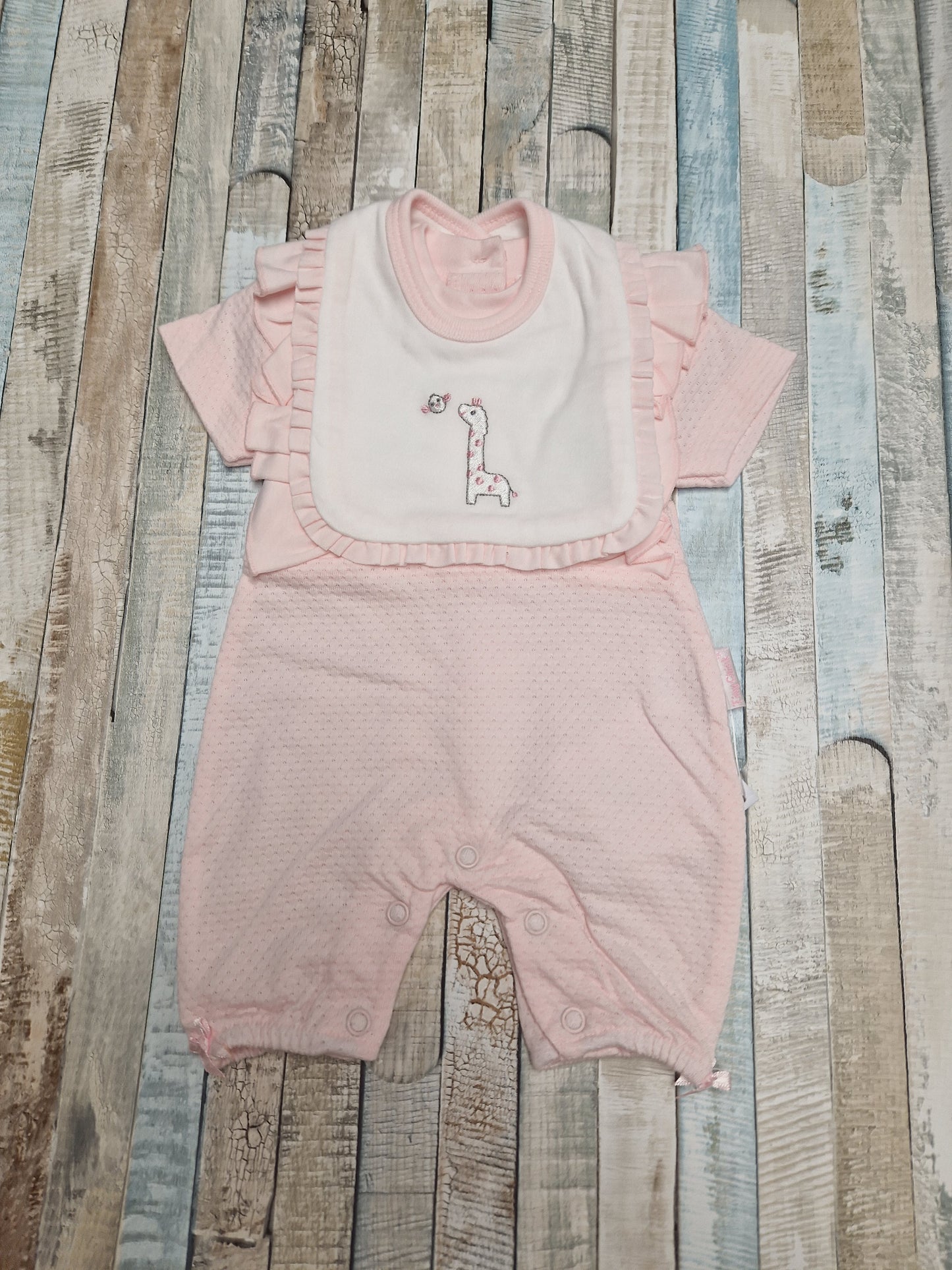 Premature Baby Girls Pink Long Romper With Giraffe Design Bib