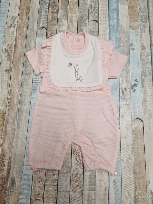 Premature Baby Girls Pink Long Romper With Giraffe Design Bib