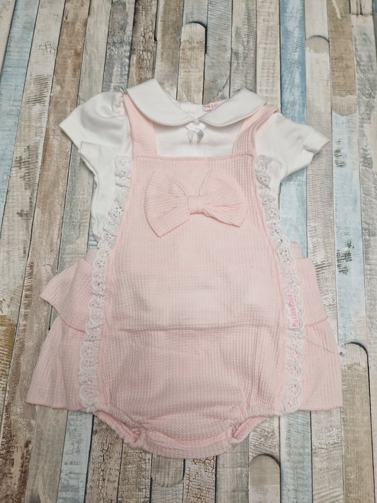 Baby Girls Pink And White Short Dungaree Set