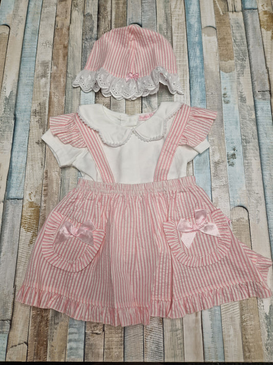 Baby Girls Pink And White Striped Dungaree Dress Set