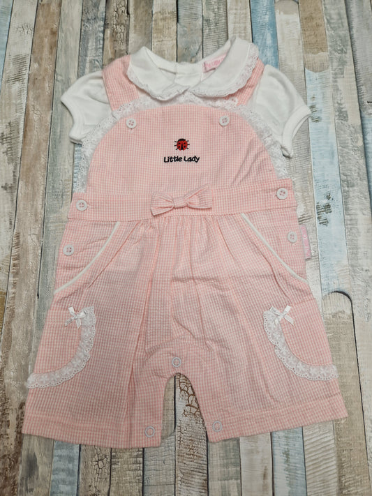 Baby Girls Pink And White Gingham Check Little Lady Dungaree Set