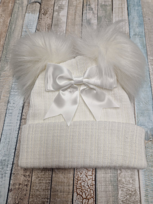 Baby Girls White Bow And Fluffy Double Pom Hat
