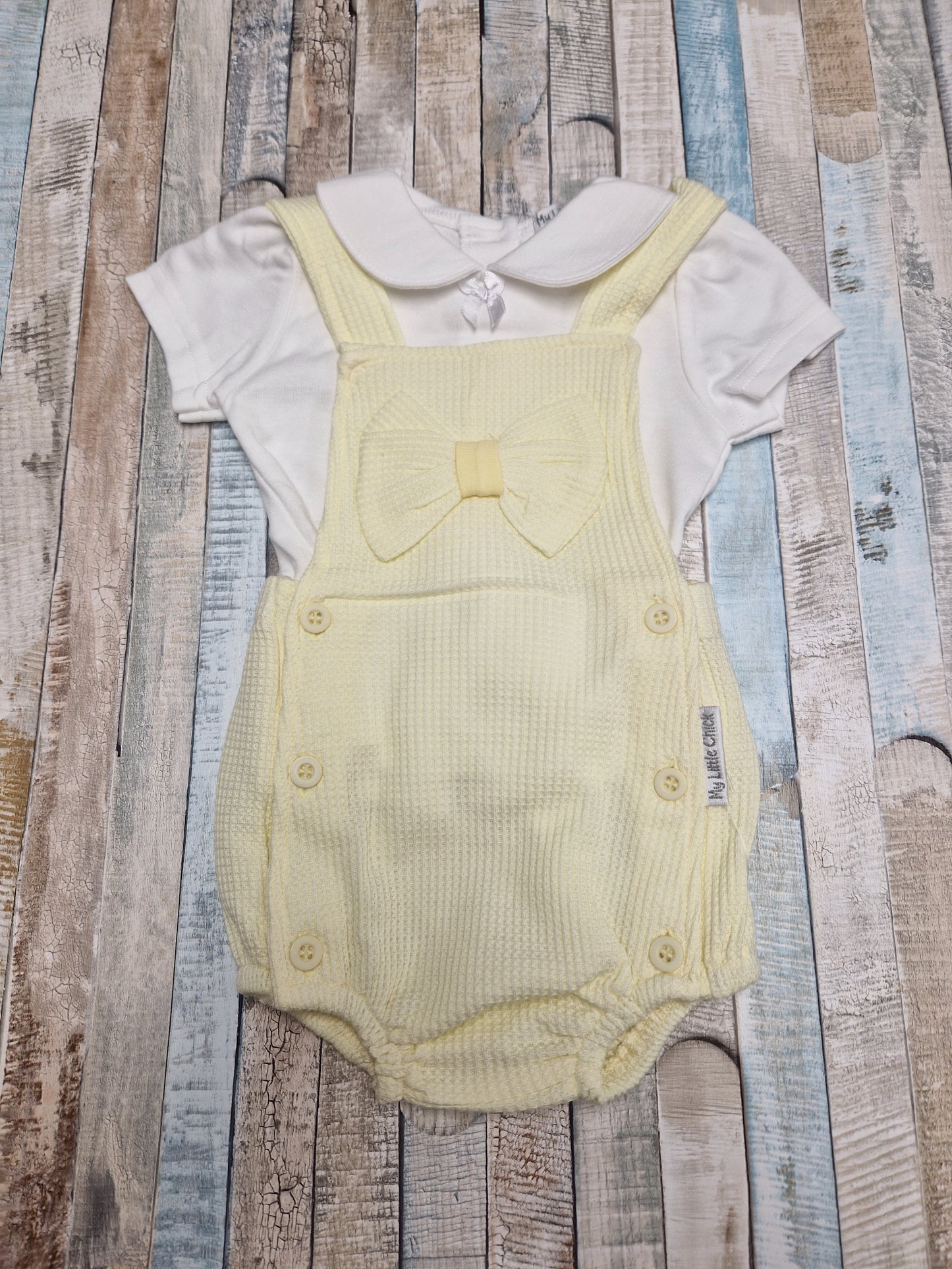 Baby Girls Lemon And White Dungaree With Bow Romper Set