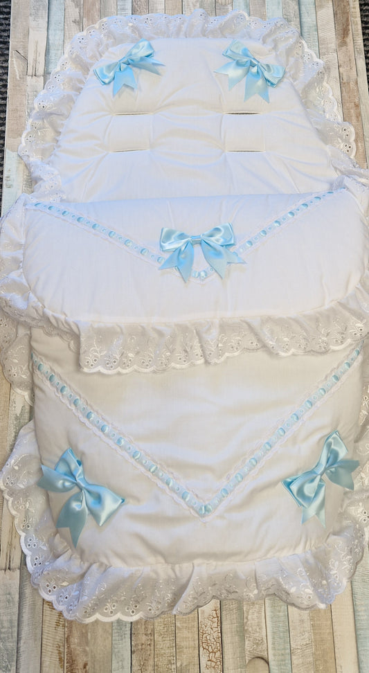 Baby Boys White Broderie Anglaise Lace Footmuff/ Cosytoes With 5 Blue  Satin Bow