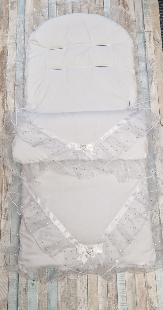 Unisex Baby White Diamante Organza Sparkle & Lace Universal Pushchair Footmuff / Cosytoes