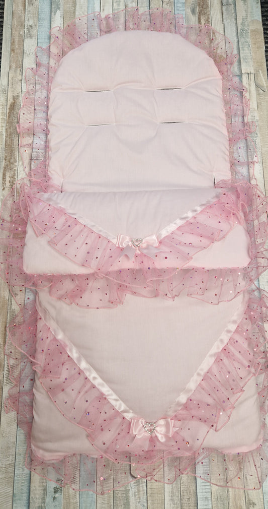 Baby Girls Pink Organza Diamante Sparkle & Lace Universal Pushchair  Footmuff /Cosytoes