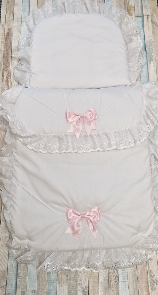 White Broderie Anglaise Lace 2 Pink Satin Bow Pram Set