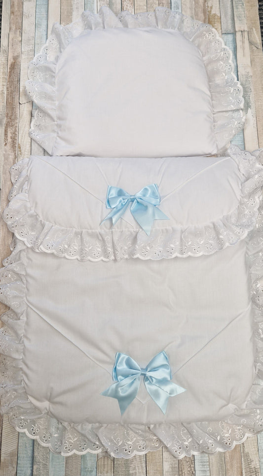 White Broderie Anglaise Lace 2 Blue Satin Bow Pram Set