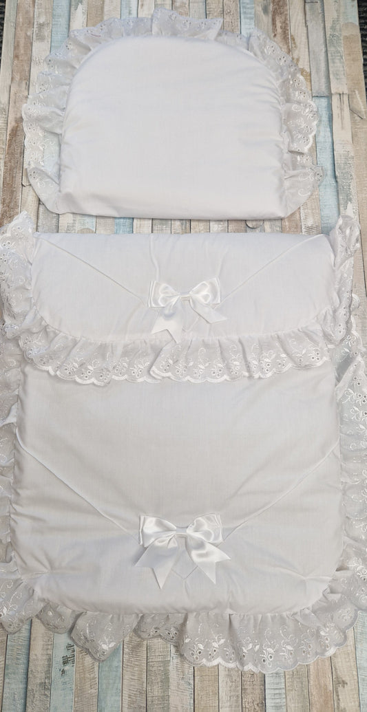 White Broderie Anglaise Lace 2 Satin Bow Pram Set