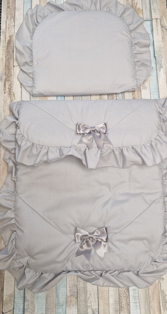 Grey Broderie Anglaise Lace 2 Grey Satin Bow Pram Set