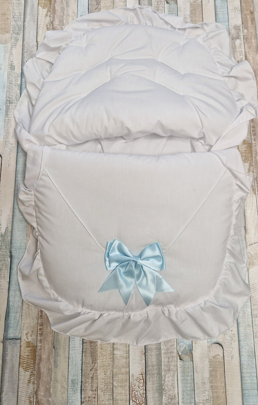 Baby Boys White 3 Point Harness Car Seat Footmuff With Blue Satin Bow