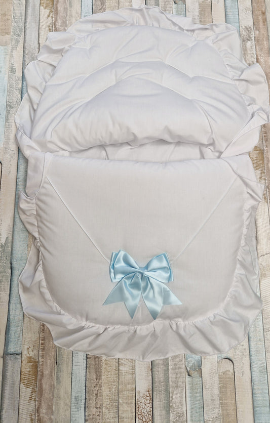 White Car Seat Footmuff With Blue Satin Bow