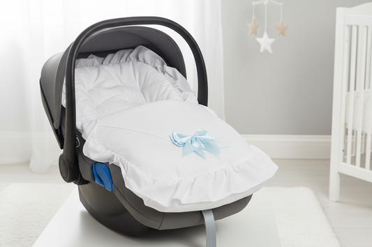 Baby Boys White 3 Point Harness Car Seat Footmuff With Blue Satin Bow