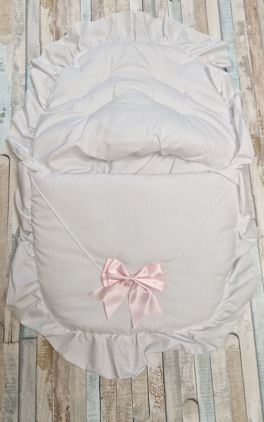 White Car Seat Footmuff With Pink Satin Bow