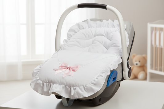Baby Girls White 3 Point Harness Car Seat Footmuff With Pink Satin Bow