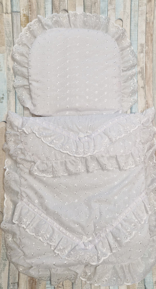 White Broderie Anglaise Lace Pram Set With White Slotted Lace