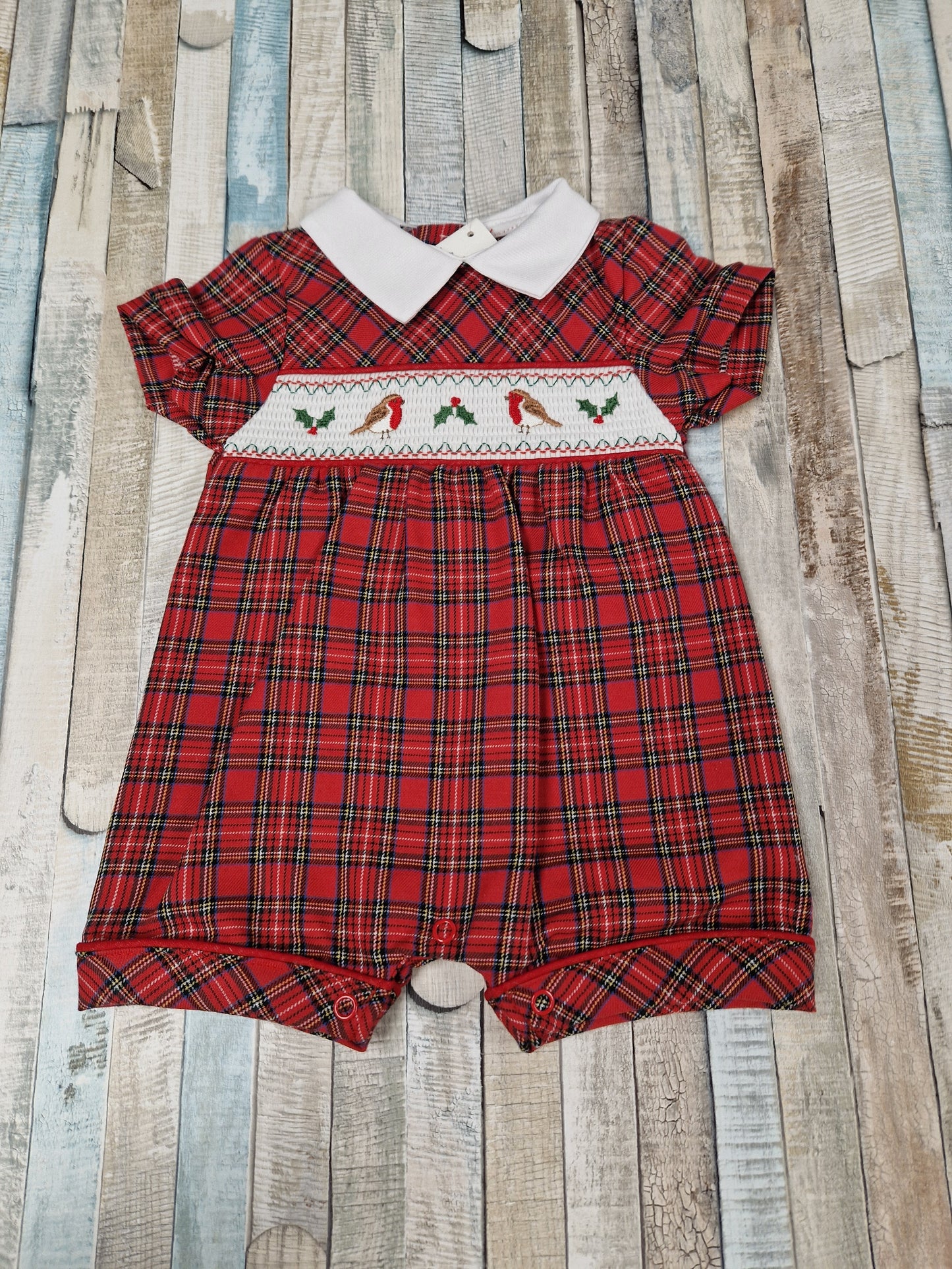 Baby Red Tartan Robin And Holly Smocked Romper