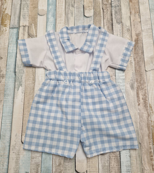 Baby Boys White And Blue Gingham Checked Dungaree Set