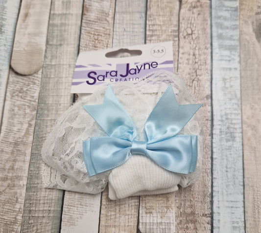 Baby Girls White Frilly Socks With Blue Ribbon