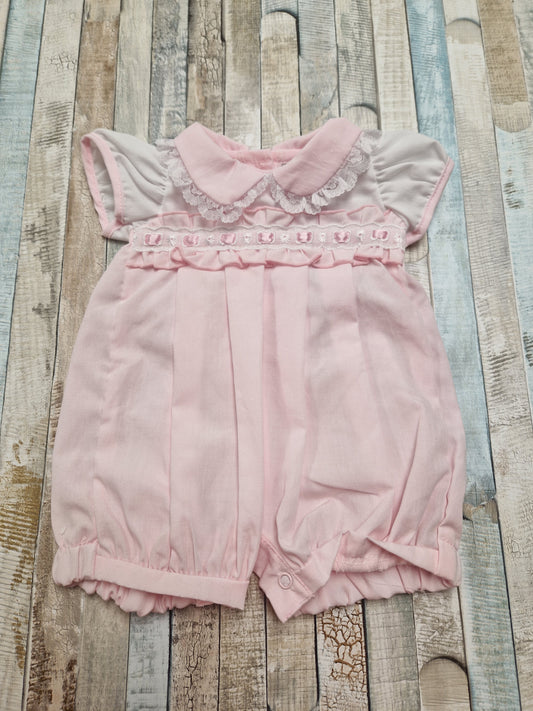 Premature Baby Girls Pink And White Slotted Lace Romper