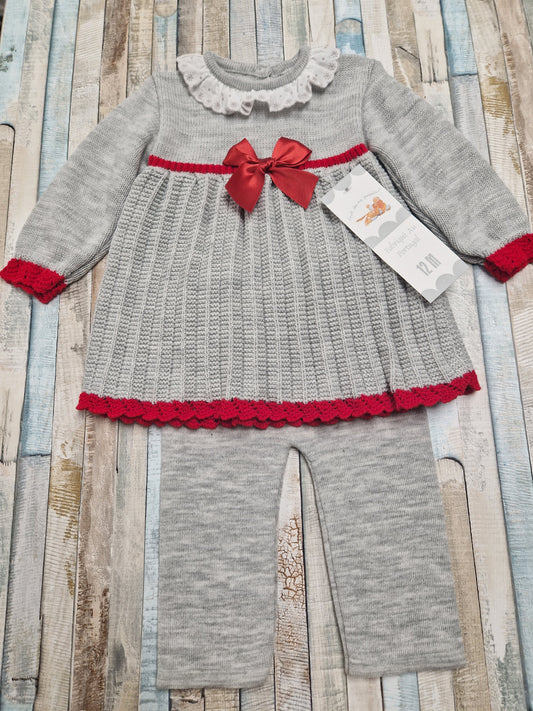 Baby Girls Grey And Red Trim Knitted Dress And Leggings Set