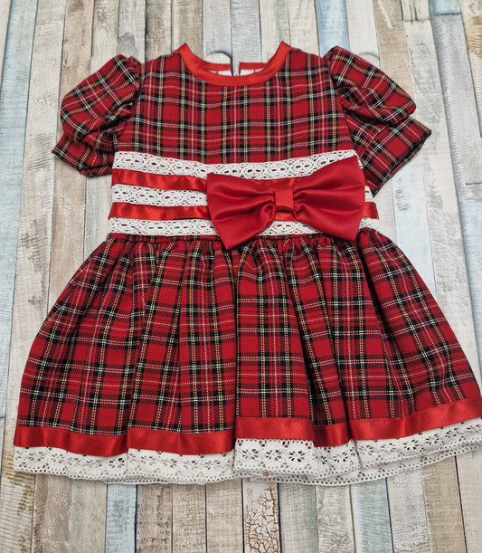 Baby Girls Red And Beige Tartan Dress With Red Satin Trim