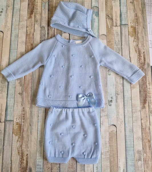 Baby Boys Blue Bobble Knitted Short Set And Hat