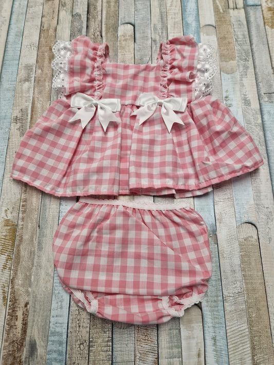 Baby Girls Pink And White Gingham Checked Dress And Pants