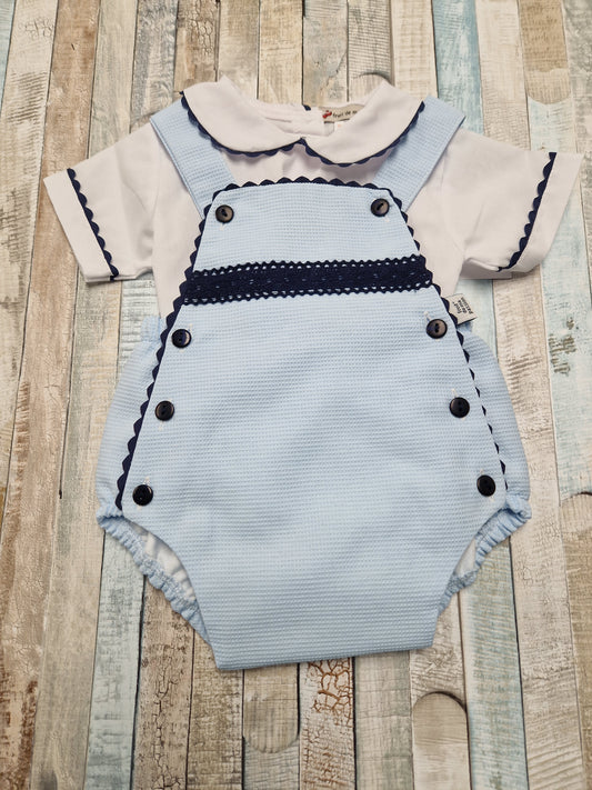Baby Boys Baby Blue White And Navy Dungaree Romper Set