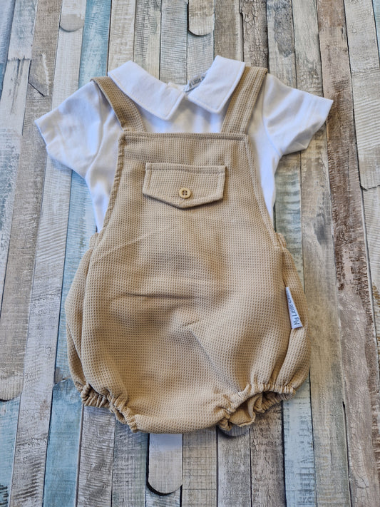 Baby Boys Beige Dungaree Romper With White Shirt