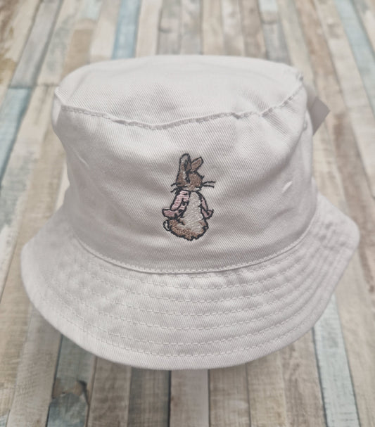 Baby Girls White Cotton Bucket Hat With Pink Rabbit And Chin Strap