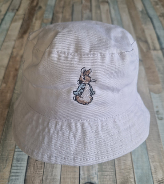 Baby Boys White Cotton Bucket Hat With Blue Rabbit And Chin Strap