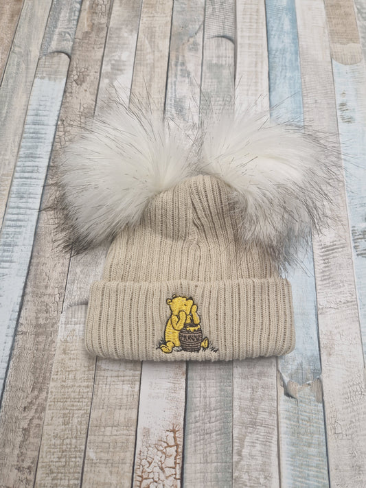 Unisex Baby Beige Double Fluffy Pom Pom Bear Hat