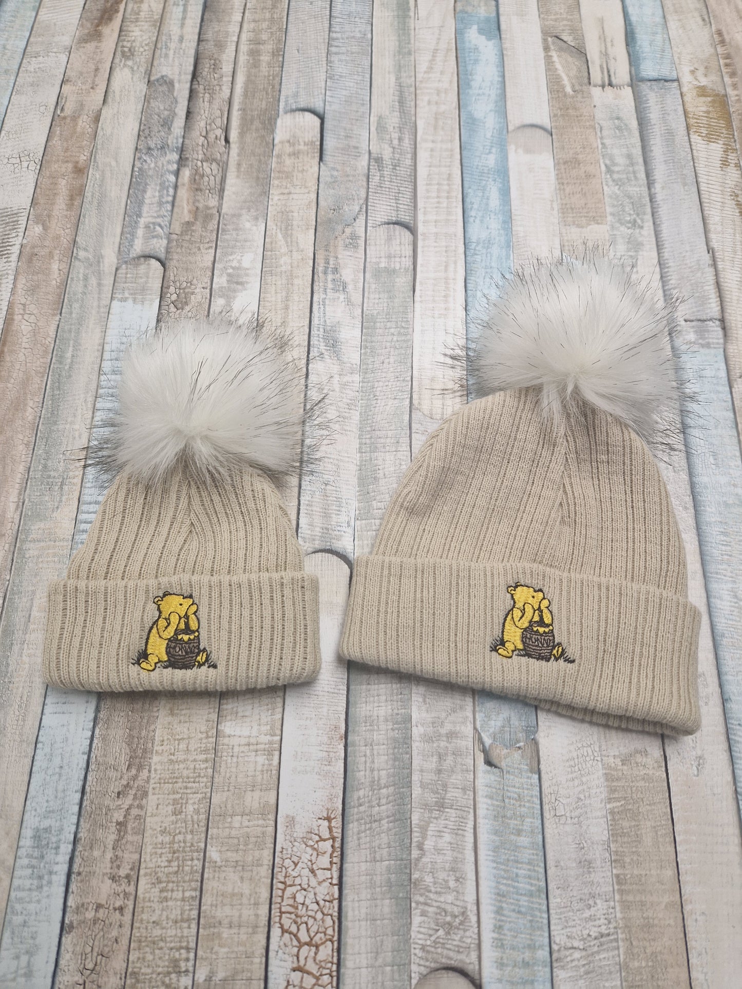 Unisex Baby Beige Single Fluffy Pom Pom Bear Hat